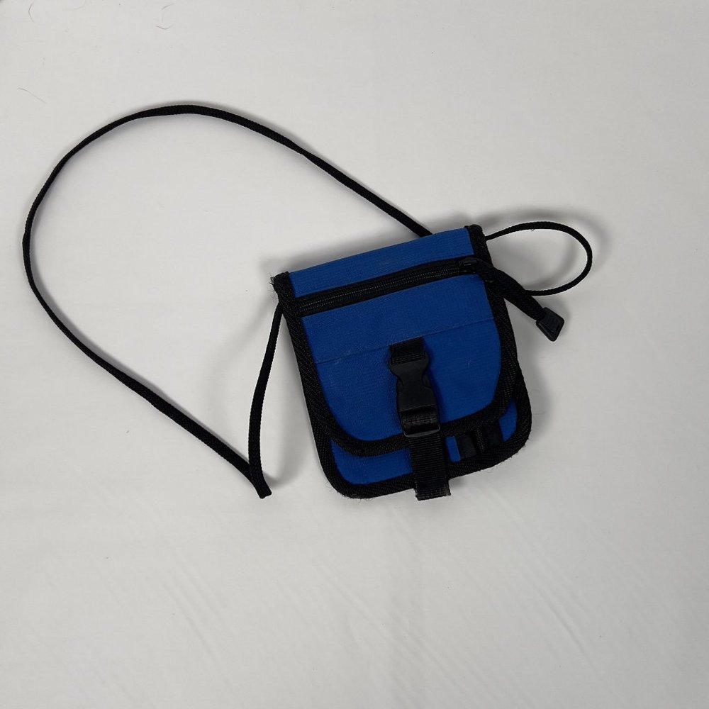Travel Crossbody Wallet Bag Snap Closure Zippered Pockets 5" x 6" Blue Black‎